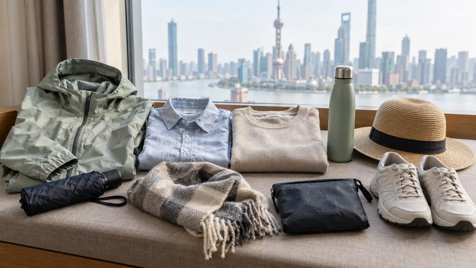 Season-ready clothing and rain gear arranged for a Shanghai trip Season-ready clothing and rain gear arranged for a Shanghai trip