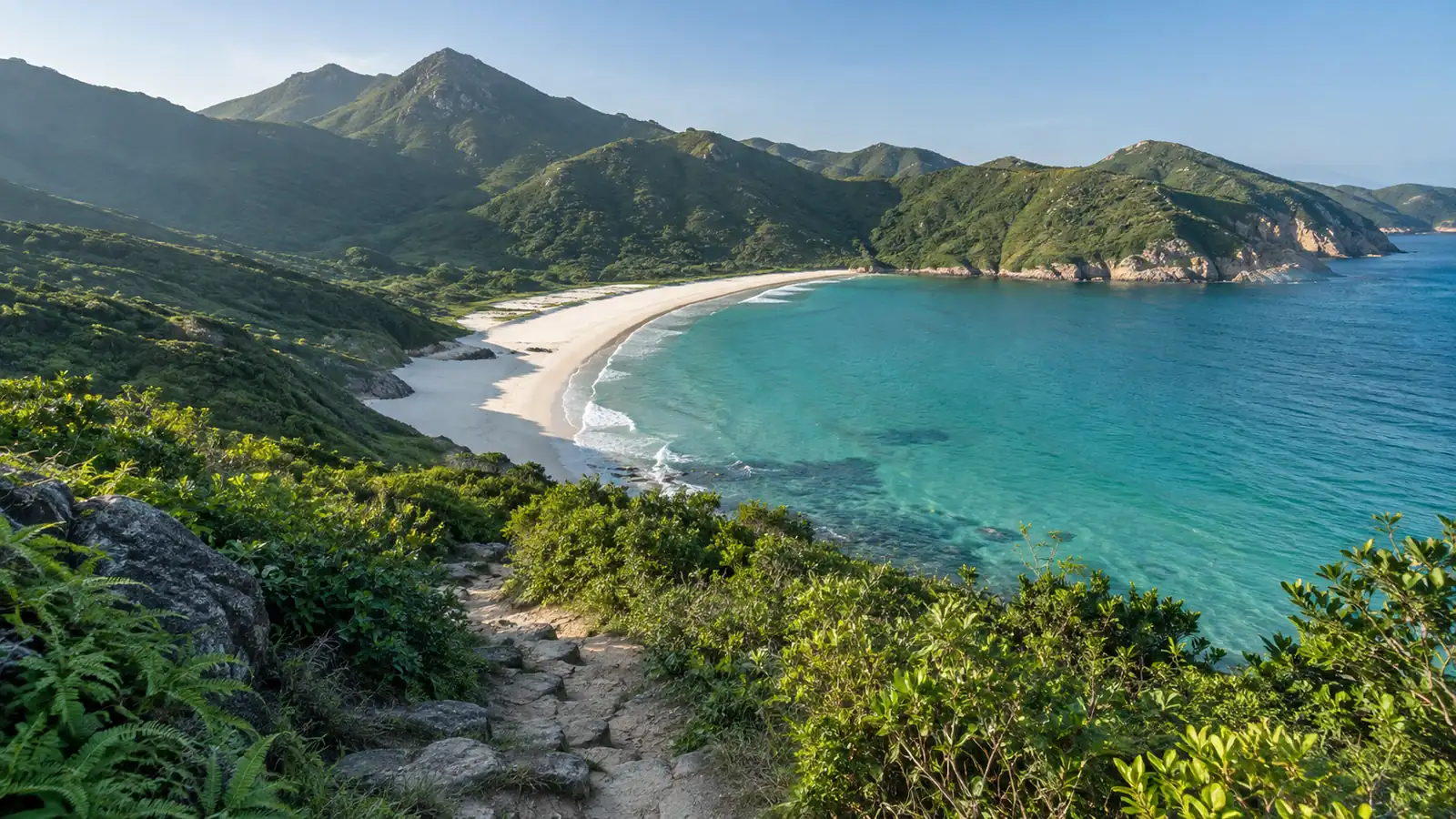 Remote Tai Long Wan beach below green Sai Kung hiking trails Remote Tai Long Wan beach below green Sai Kung hiking trails