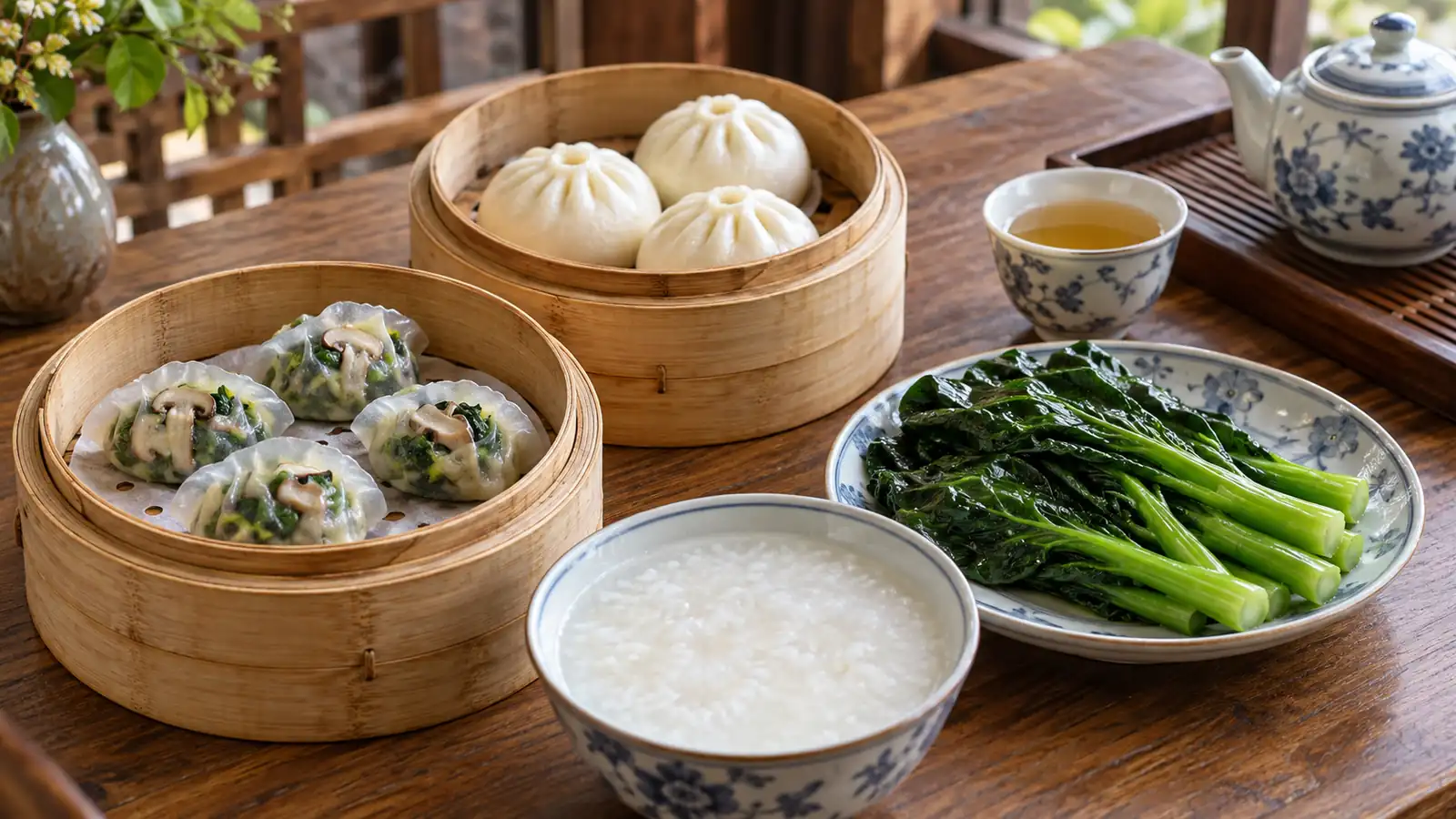Vegetable-style dumplings, steamed buns, gai lan, congee, and tea Vegetable-style dumplings, steamed buns, gai lan, congee, and tea