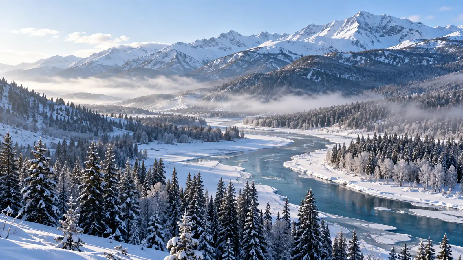 Snow-covered Kanas valley and river in Xinjiang Snow-covered Kanas valley and river in Xinjiang