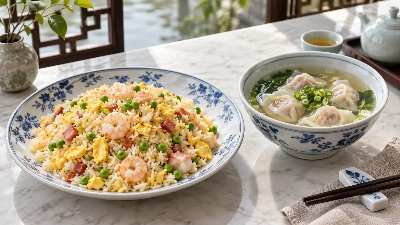 Yangzhou fried rice and wonton soup Yangzhou fried rice beside a bowl of wonton soup