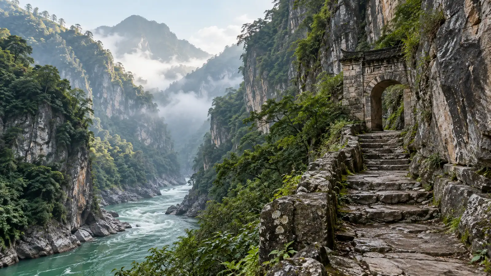 Ancient Wuchi Road crossing the mountain gorge near Doushaguan Ancient Wuchi Road crossing the mountain gorge near Doushaguan