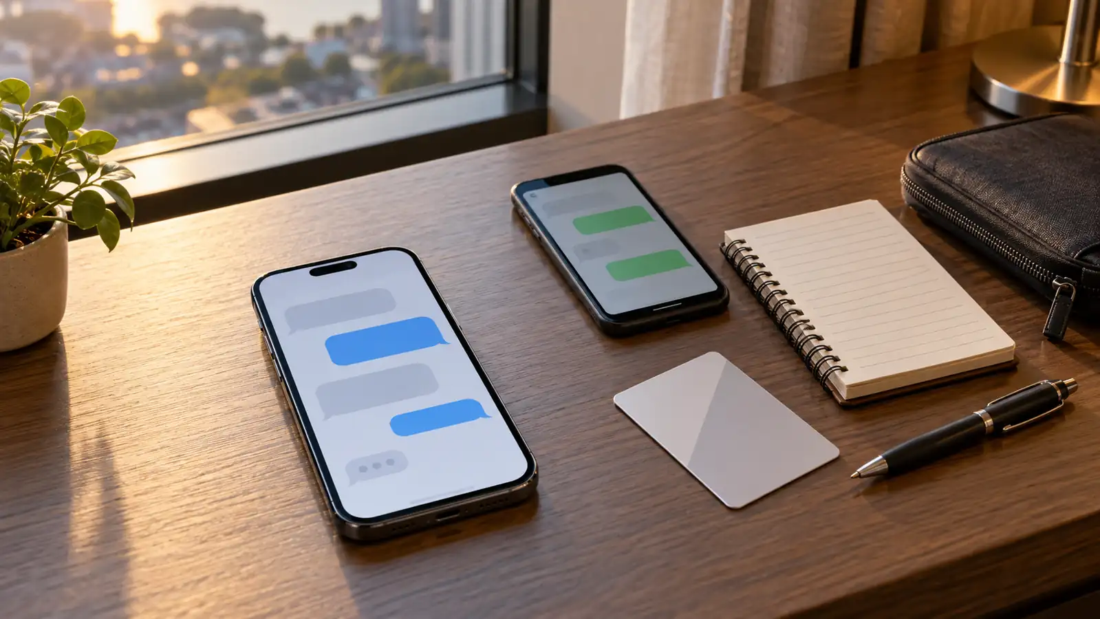 Two phones, a blank contact card, and a notebook for backup communication