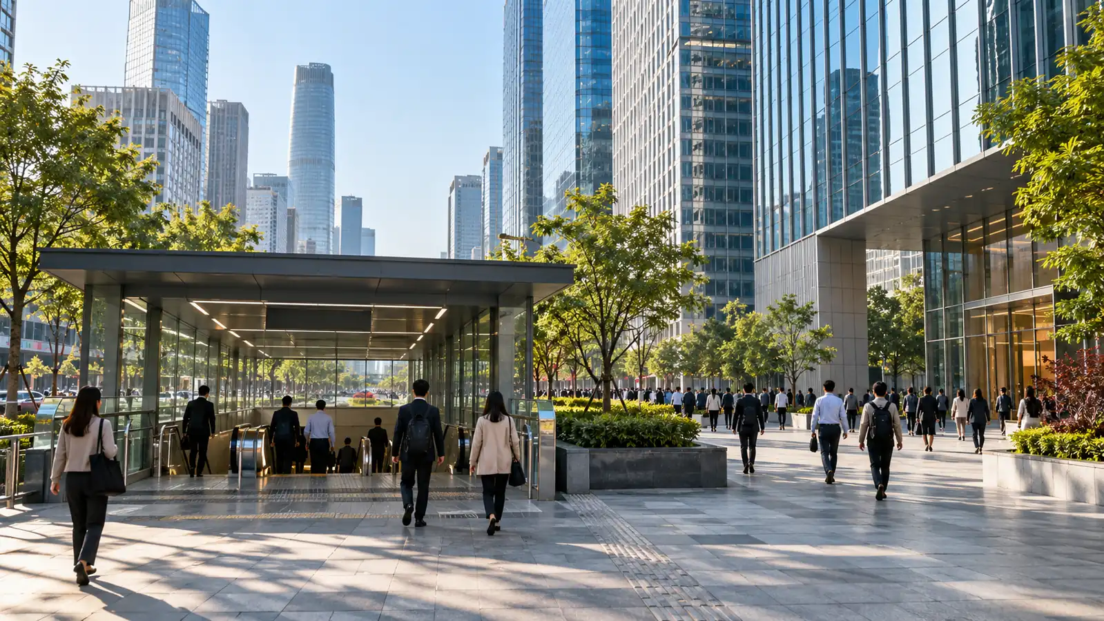 Commuters entering a Chinese business district on an adjusted weekend workday