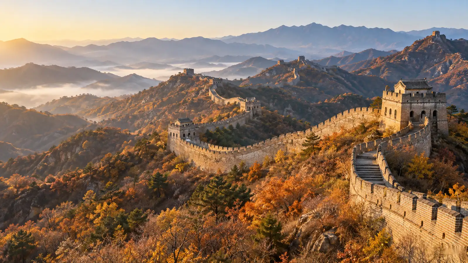Quiet Great Wall section winding through autumn mountains near Jinshanling