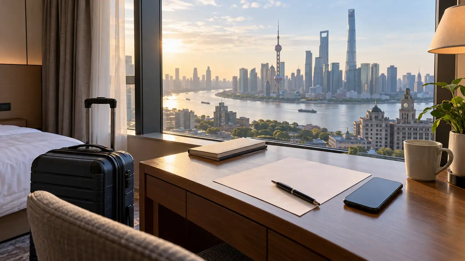 Luggage and a blank itinerary on a hotel desk overlooking Shanghai