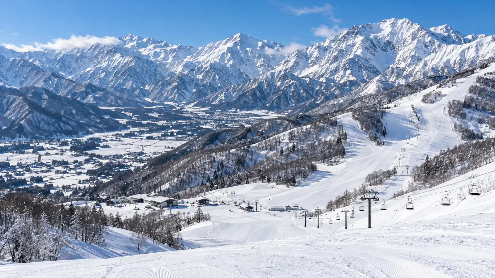 Lift-served ski slopes beneath the Japanese Alps in Hakuba Valley Lift-served ski slopes beneath the Japanese Alps in Hakuba Valley