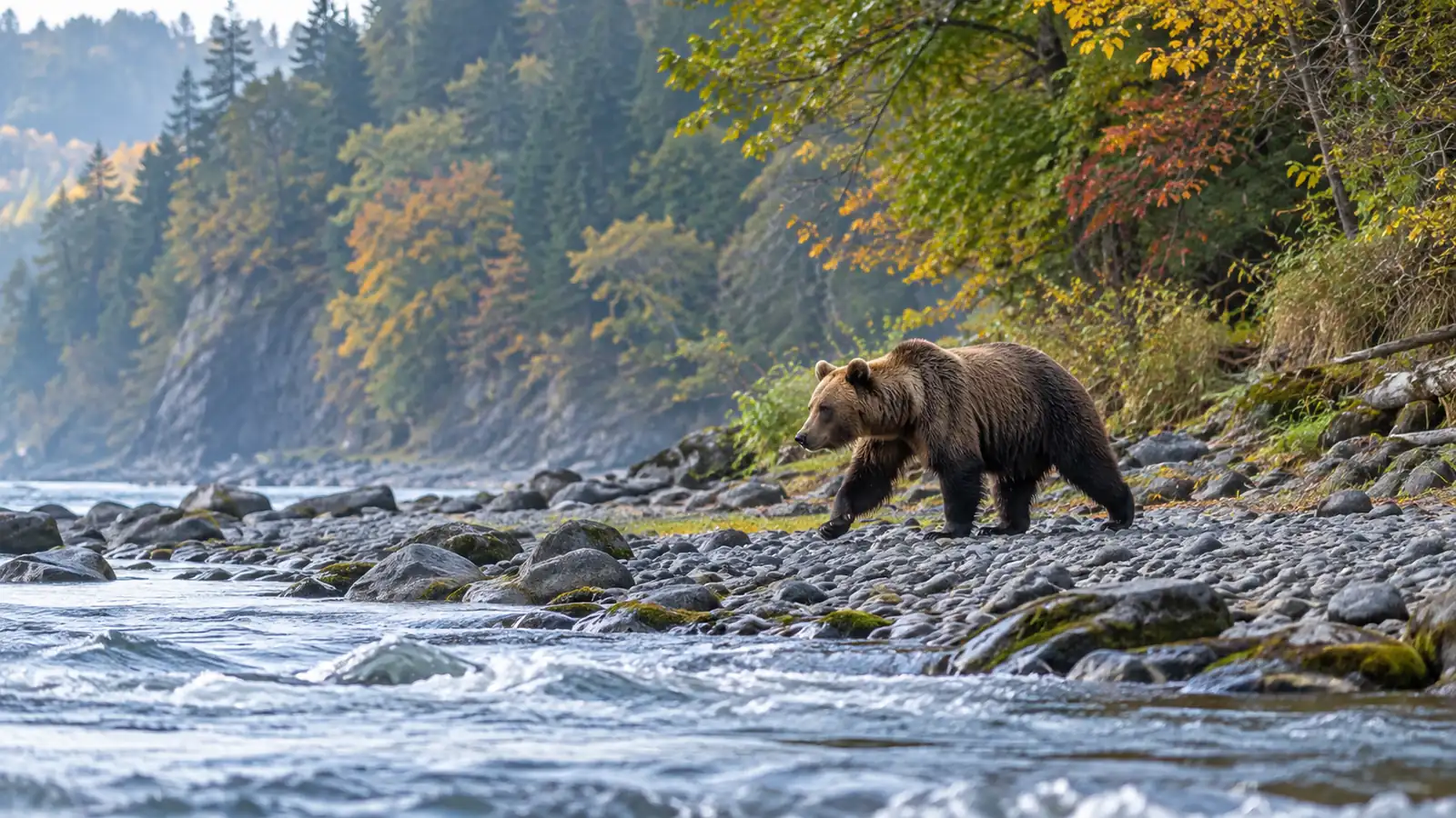 Hokkaido brown bear in its river habitat Hokkaido brown bear walking beside a forest river