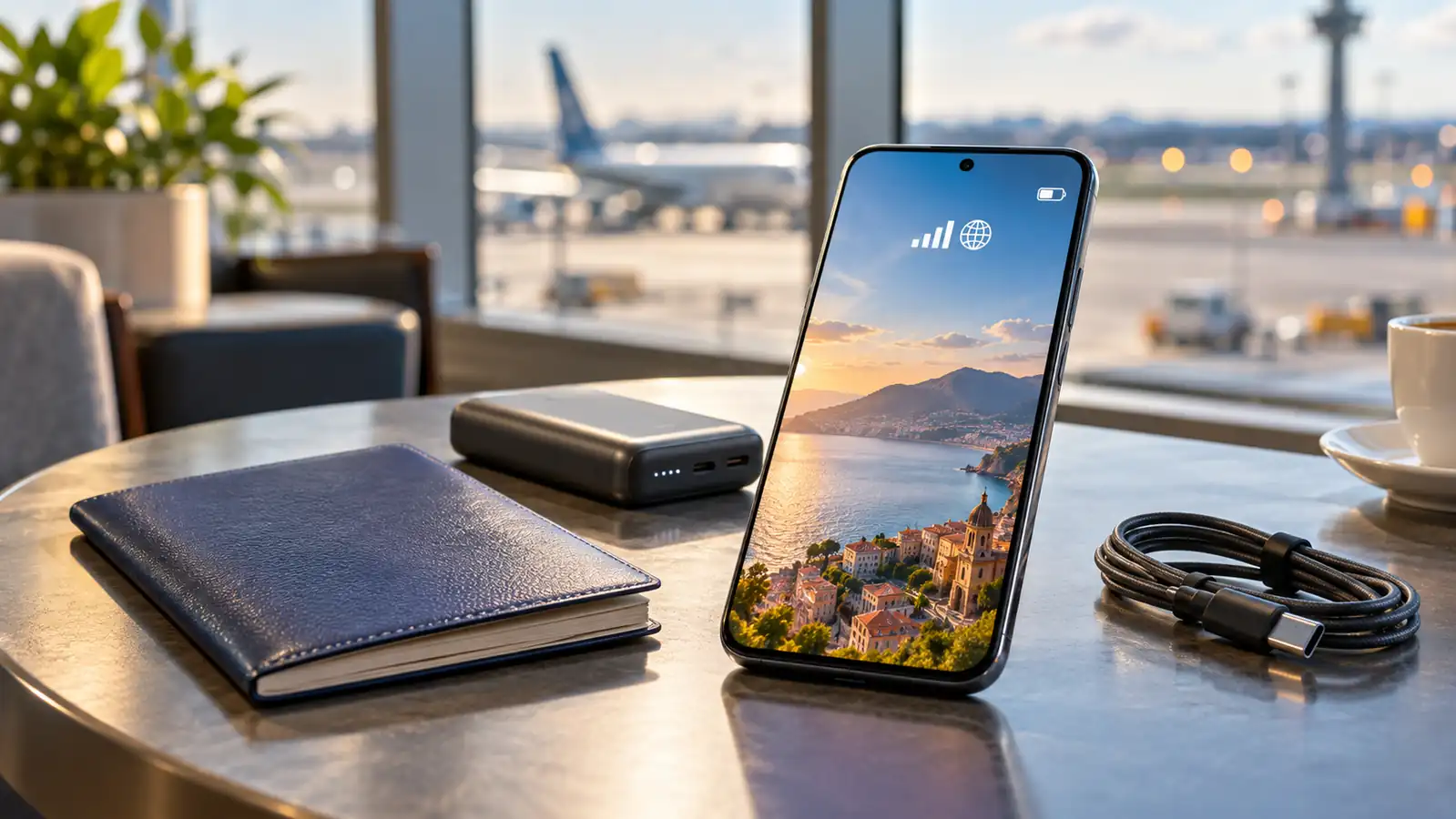 Smartphone using international roaming at an airport lounge