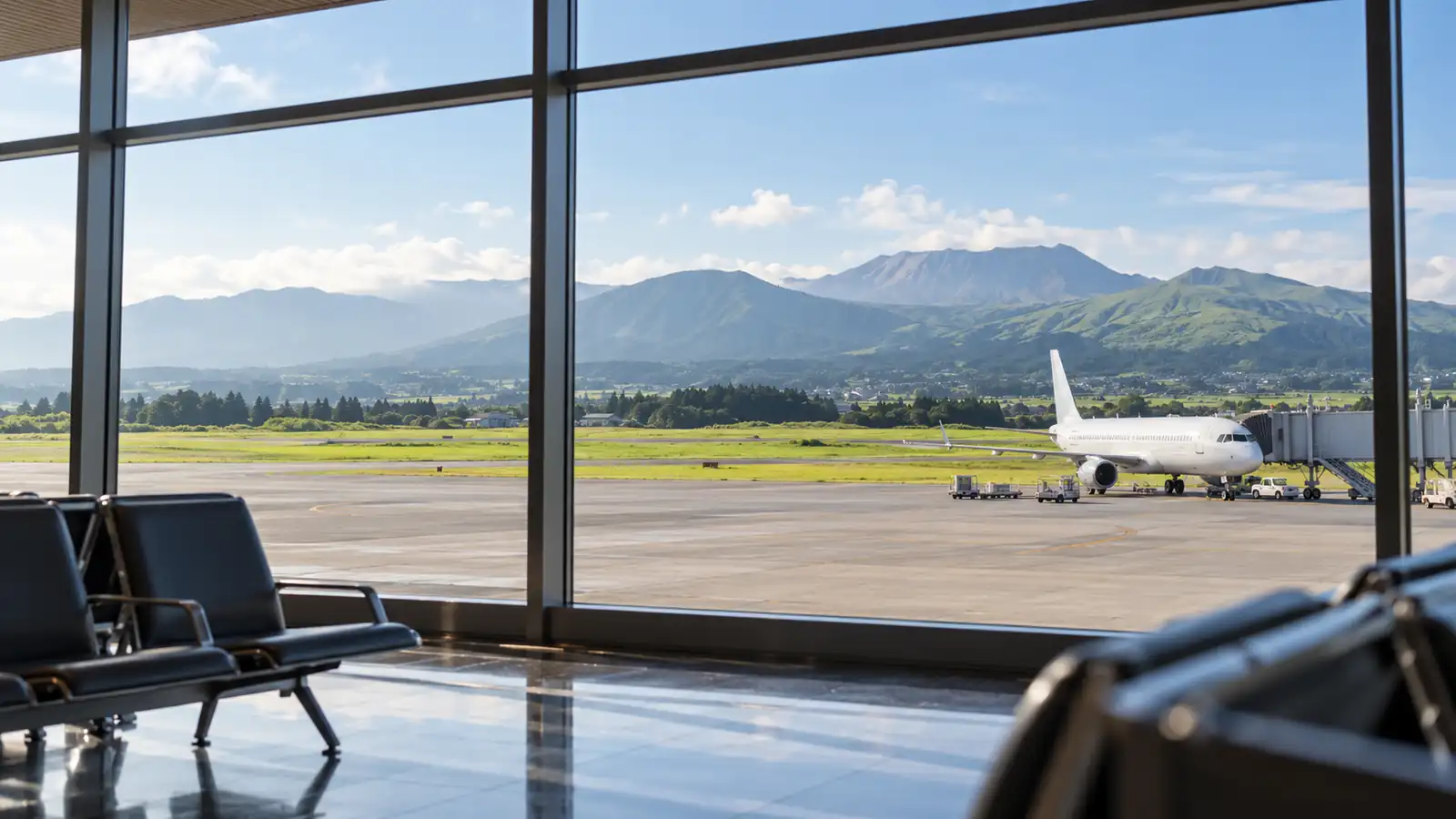 Illustrative regional airport setting with Aso-area hills