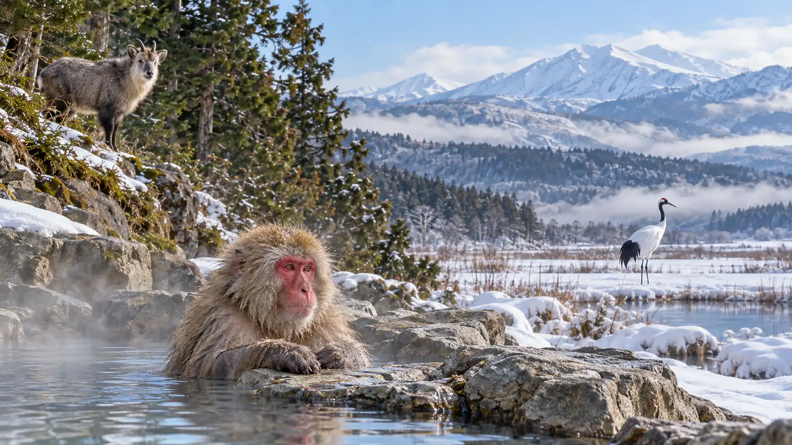 Interesting animals in Japan across snowy mountains and wetlands Japanese macaque, red-crowned crane, and Japanese serow in a snowy mountain landscape
