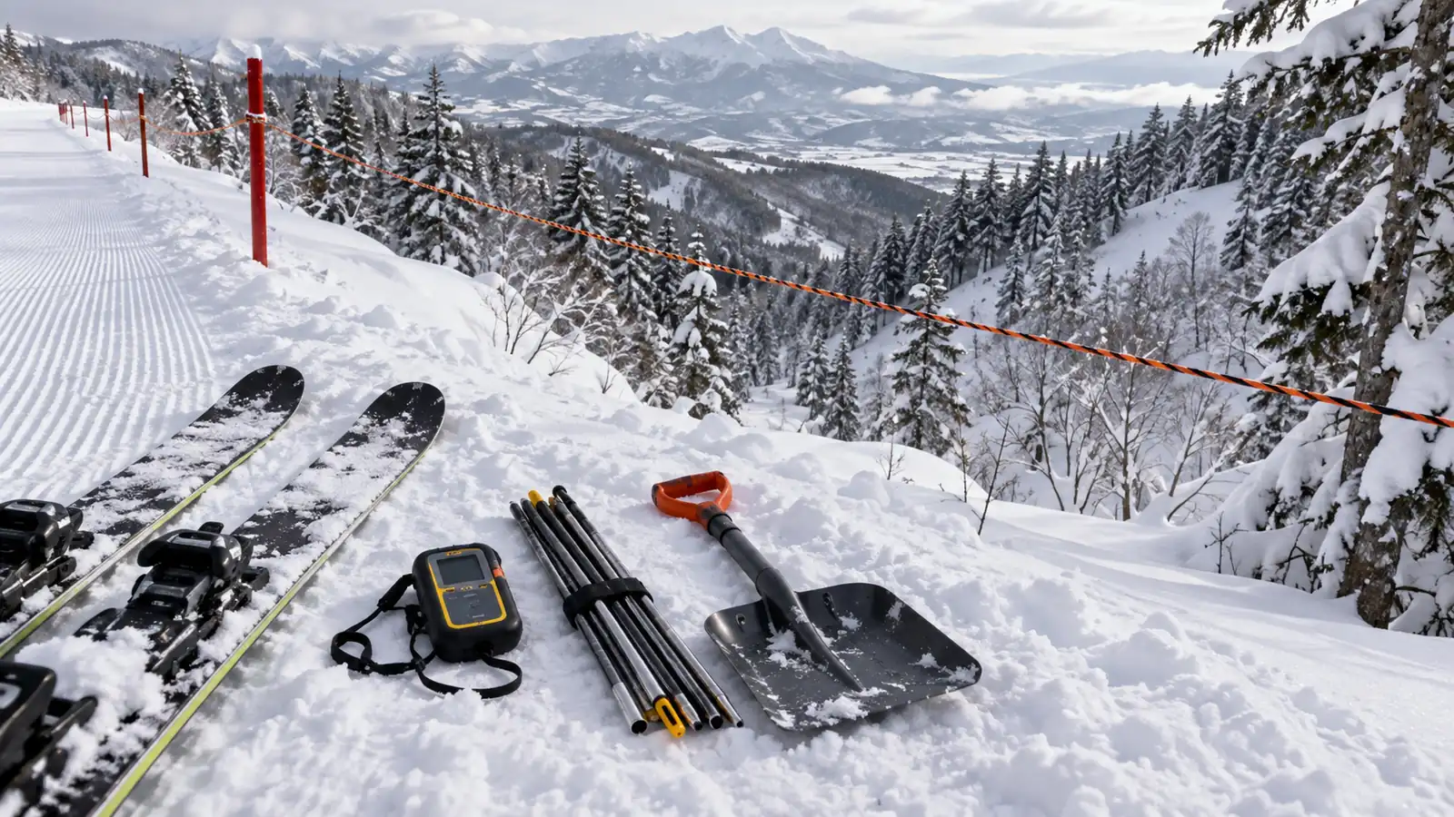 Closed ski-area boundary with avalanche transceiver, probe, and shovel Closed ski-area boundary with avalanche transceiver, probe, and shovel