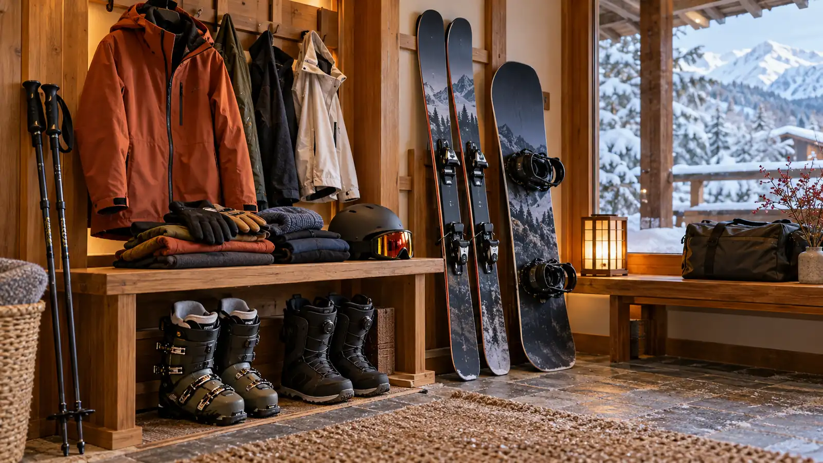 Skis, snowboard, boots, helmet, goggles, gloves, and winter layers in a lodge Skis, snowboard, boots, helmet, goggles, gloves, and winter layers in a lodge