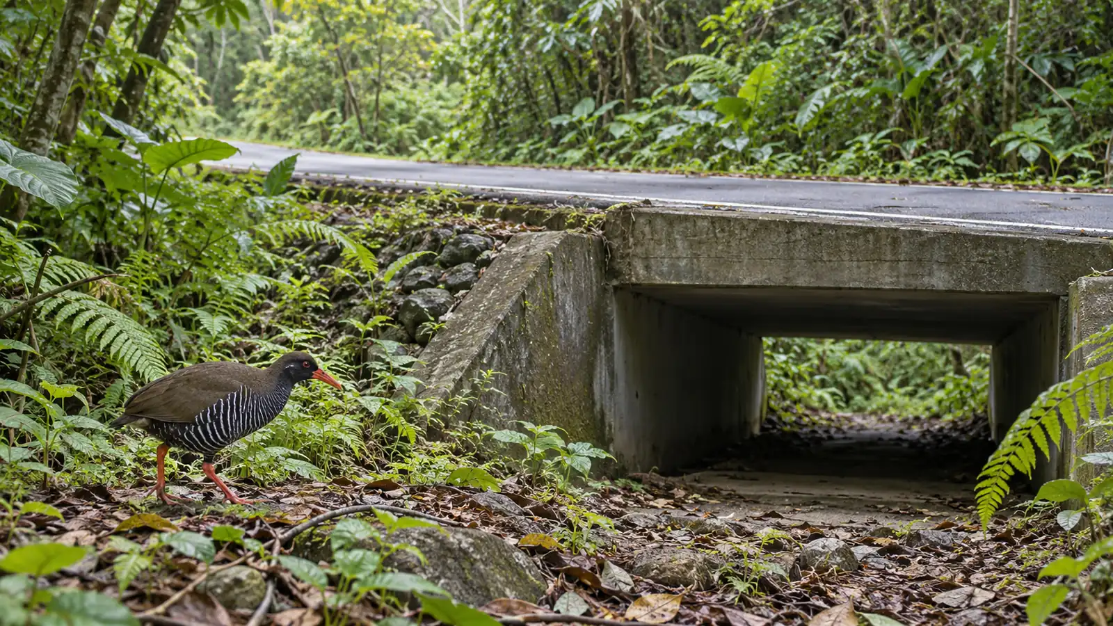Wildlife crossings help reduce habitat pressure in Japan Okinawa rail beside a wildlife underpass in subtropical forest