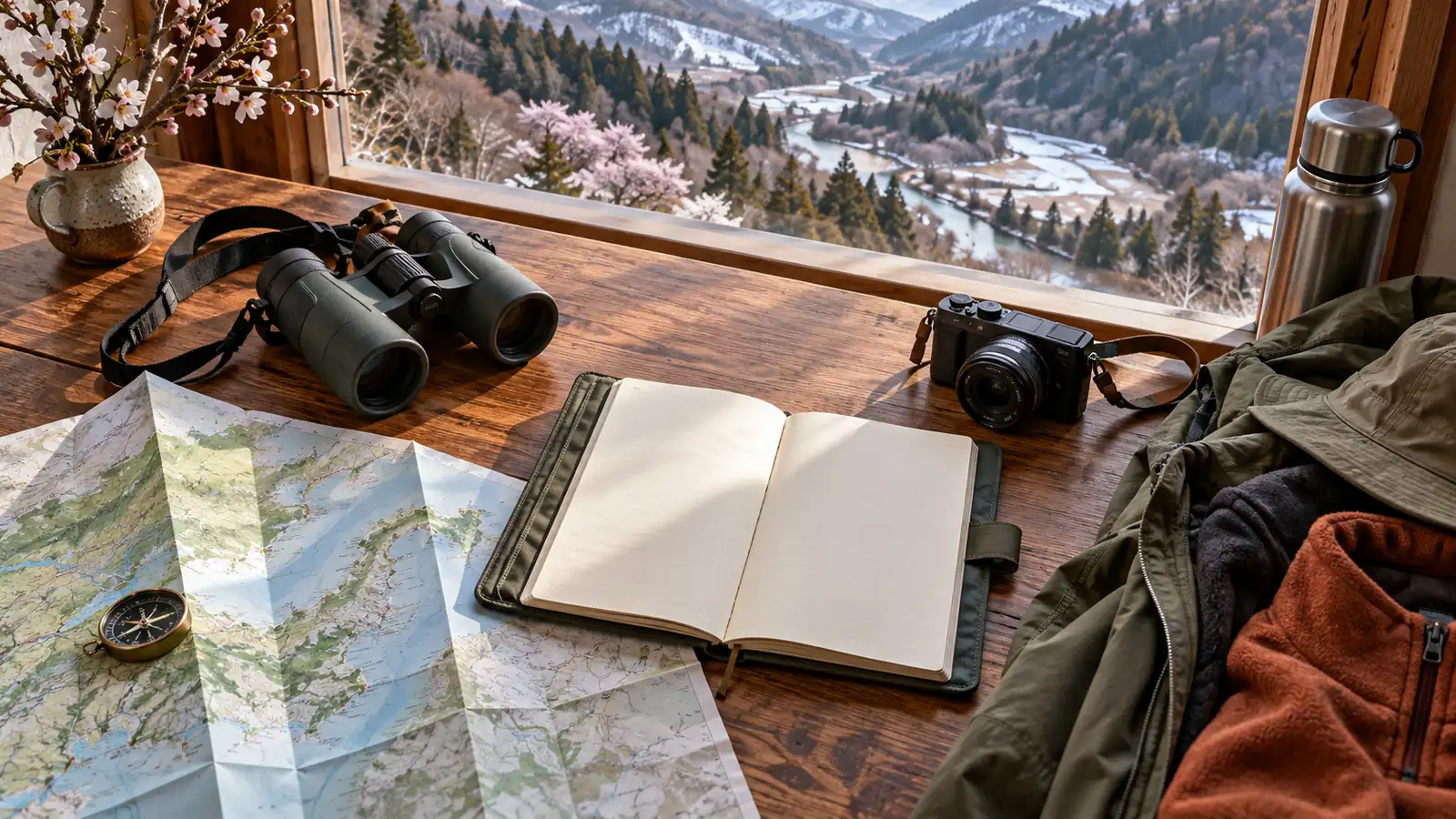 Planning a wildlife trip around Japan's regions and seasons Binoculars, camera, map, and notebook prepared for a seasonal wildlife trip in Japan