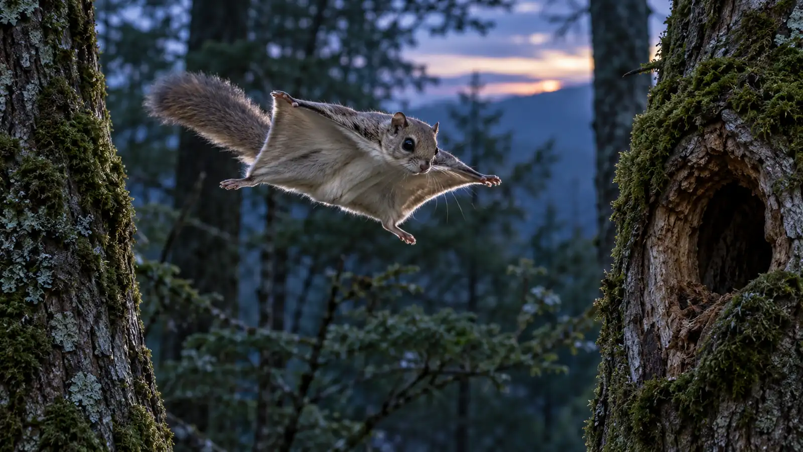Japanese dwarf flying squirrel gliding at dusk Japanese dwarf flying squirrel gliding between forest trees at dusk