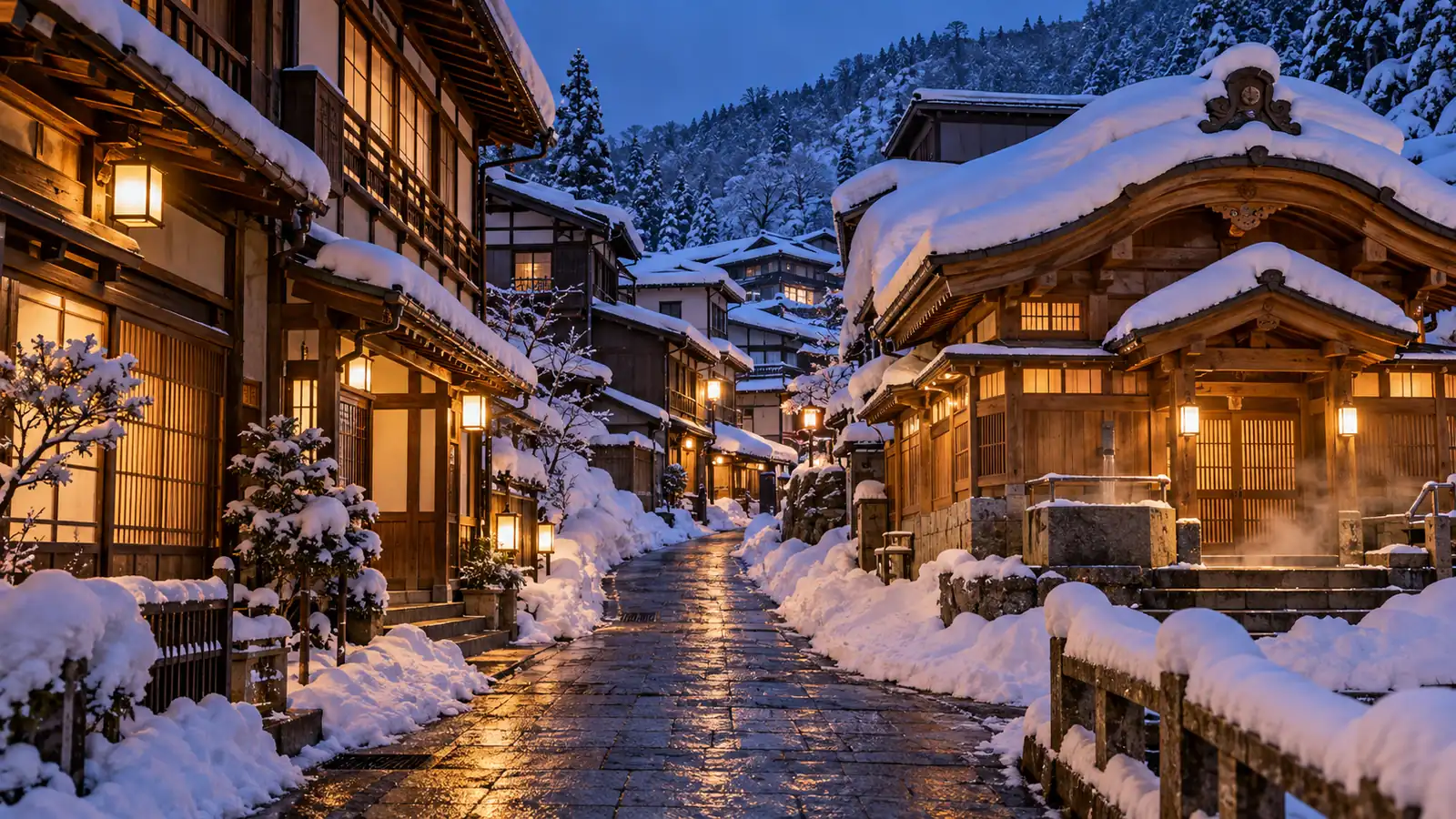 Traditional wooden onsen village street in Nozawa during winter Traditional wooden onsen village street in Nozawa during winter