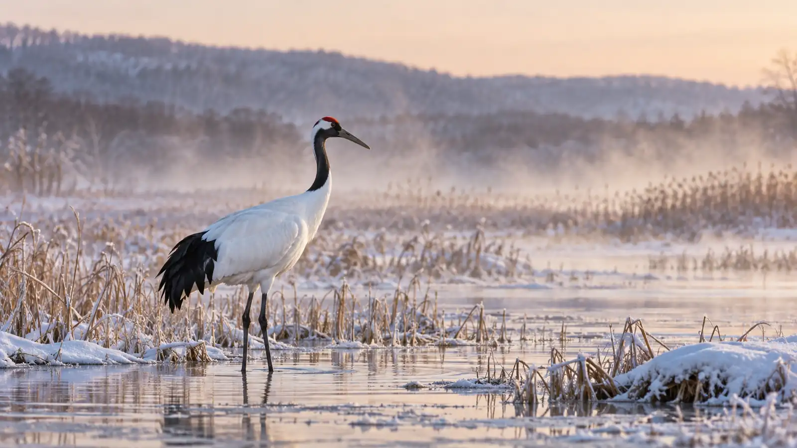 Red-crowned crane in a winter wetland Red-crowned crane standing in a snowy Hokkaido wetland