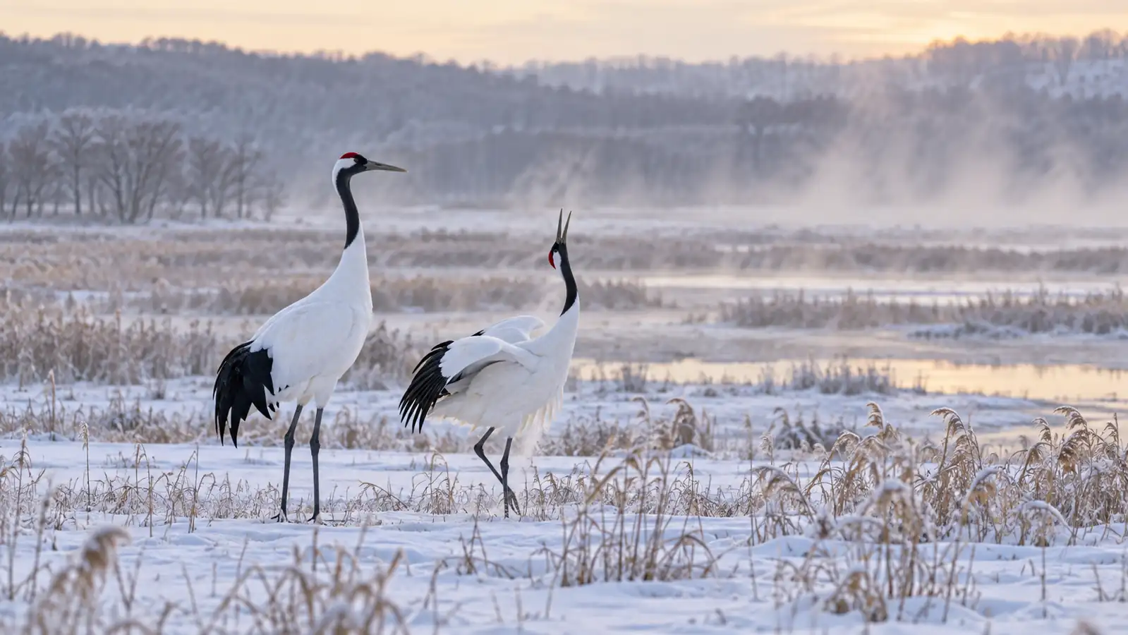 Red-crowned cranes in snowy Kushiro wetlands
