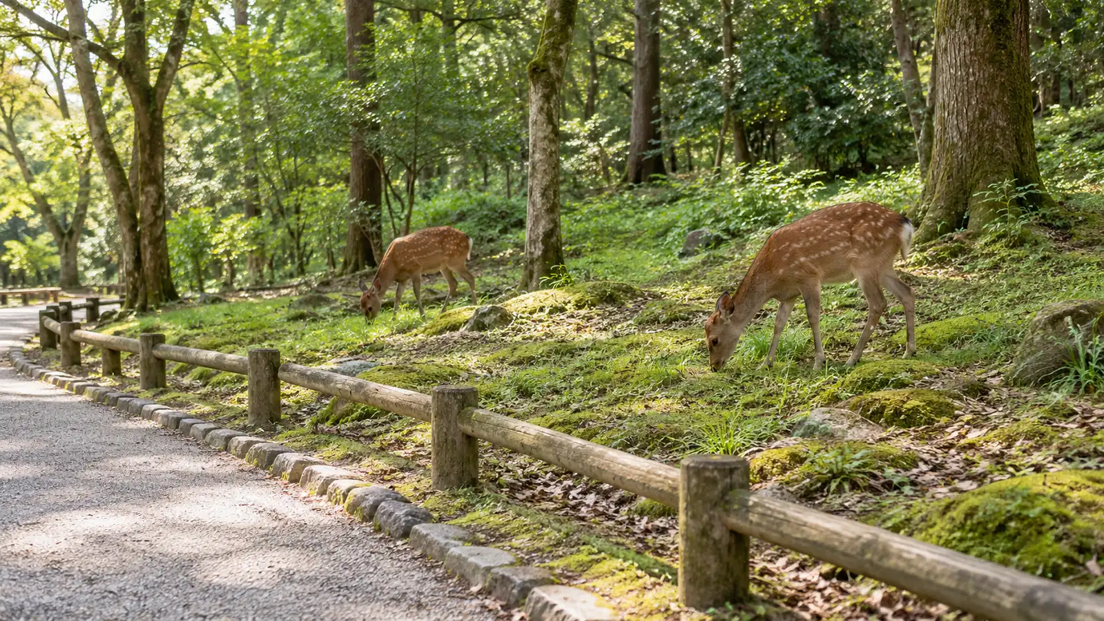 Sika deer beyond a low boundary beside a quiet Japanese park path