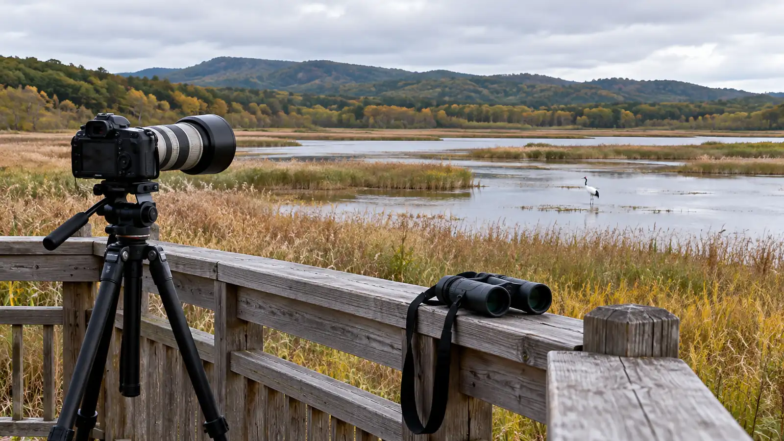 Responsible wildlife watching from a safe distance in Japan Camera and binoculars used to watch a distant red-crowned crane from a platform