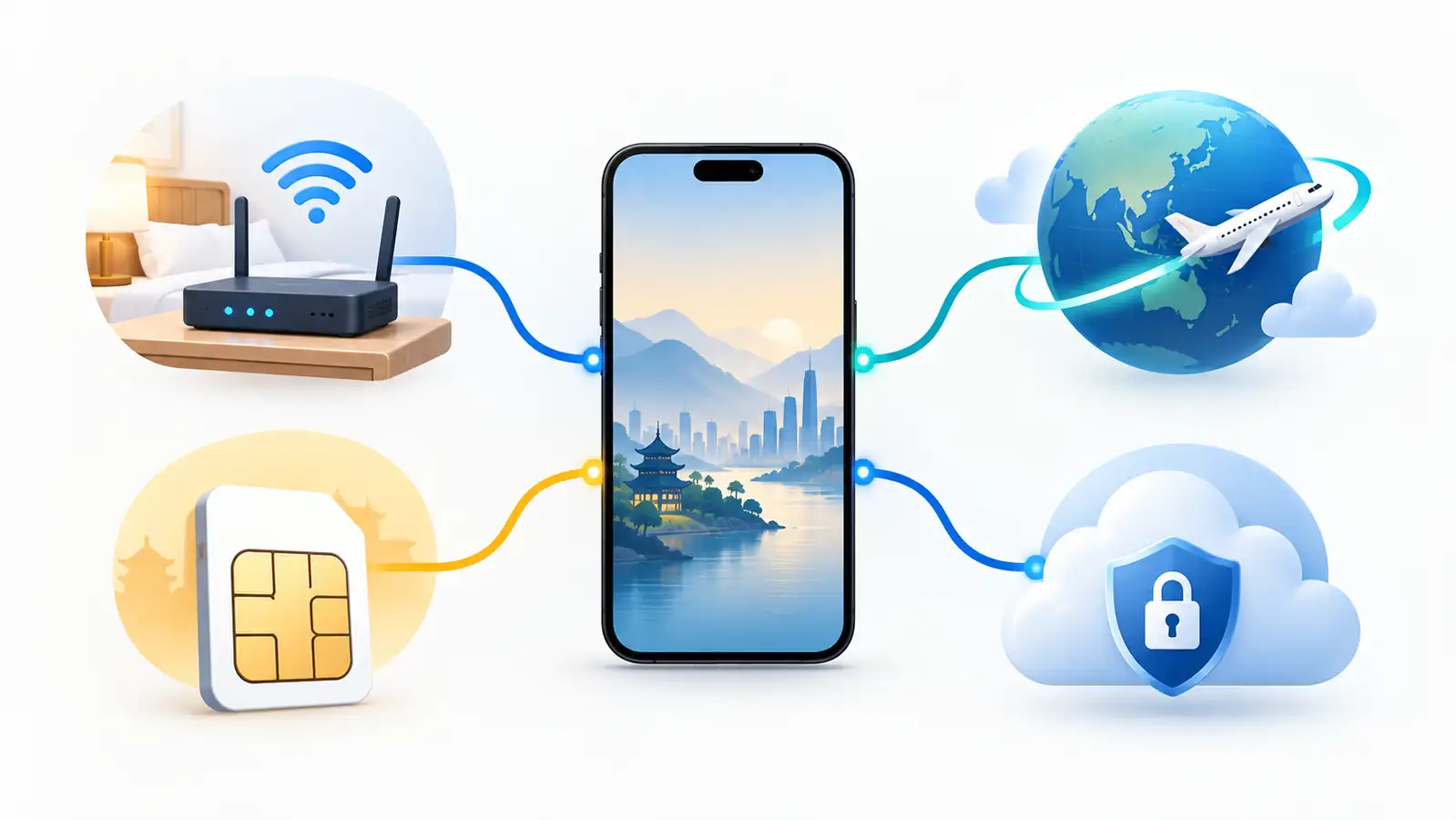 Smartphone connected to hotel Wi-Fi, a SIM, roaming, and a secure gateway