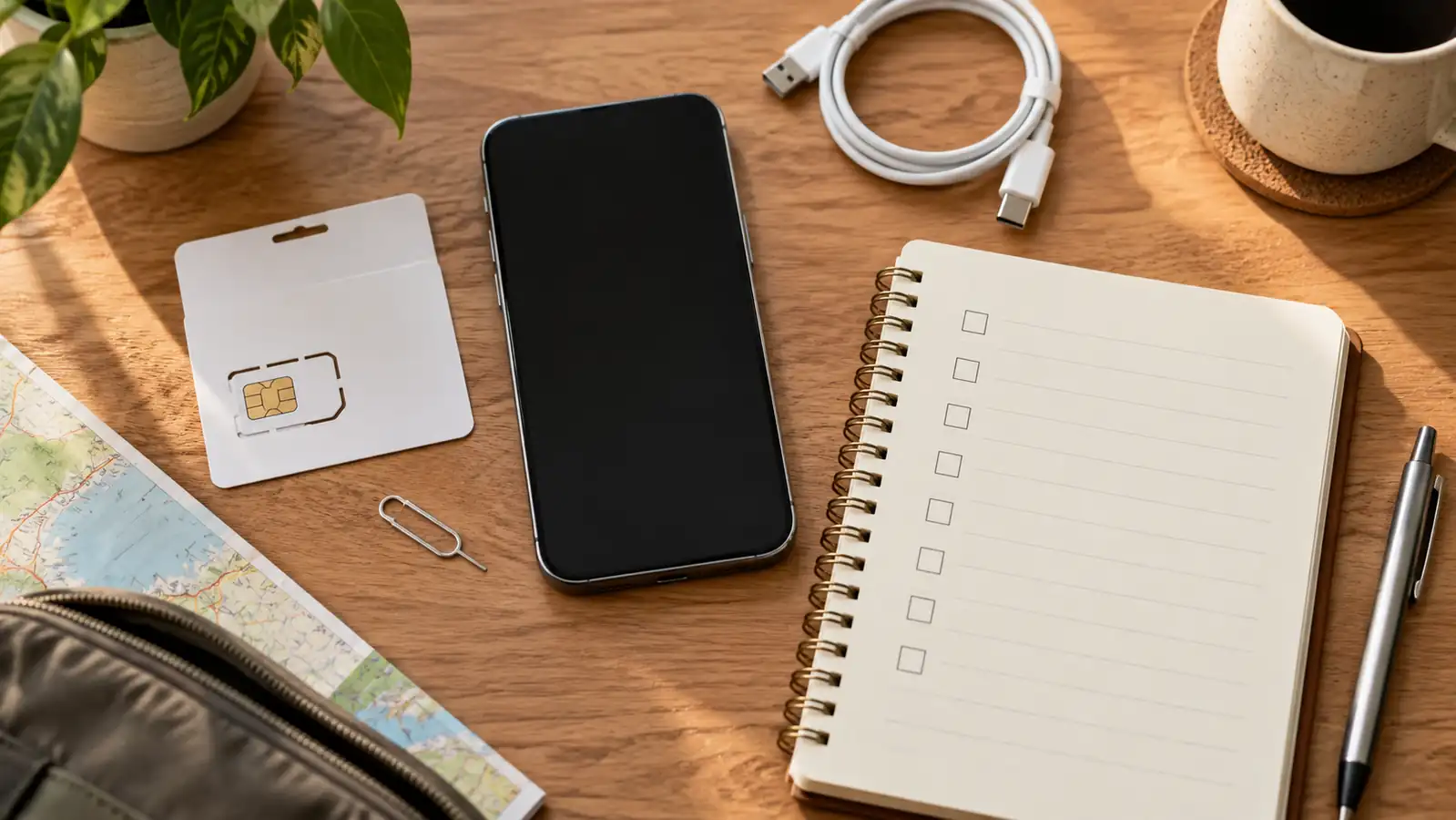 Phone, SIM tool, and blank checklist prepared before a trip