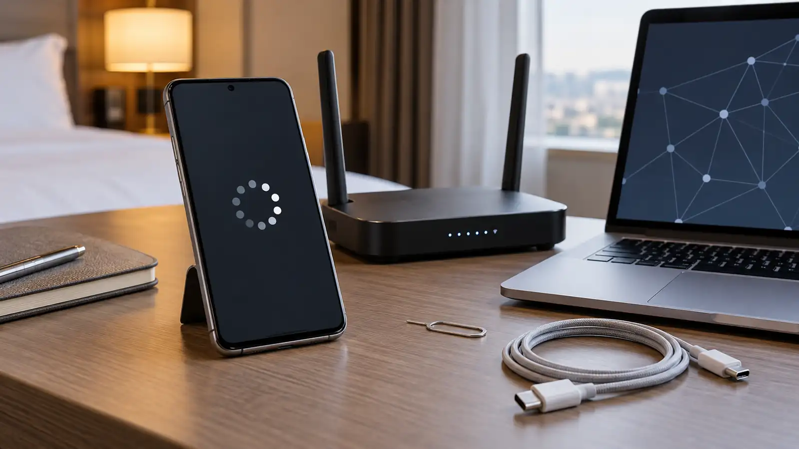 Phone, Wi-Fi router, and laptop used to troubleshoot a connection