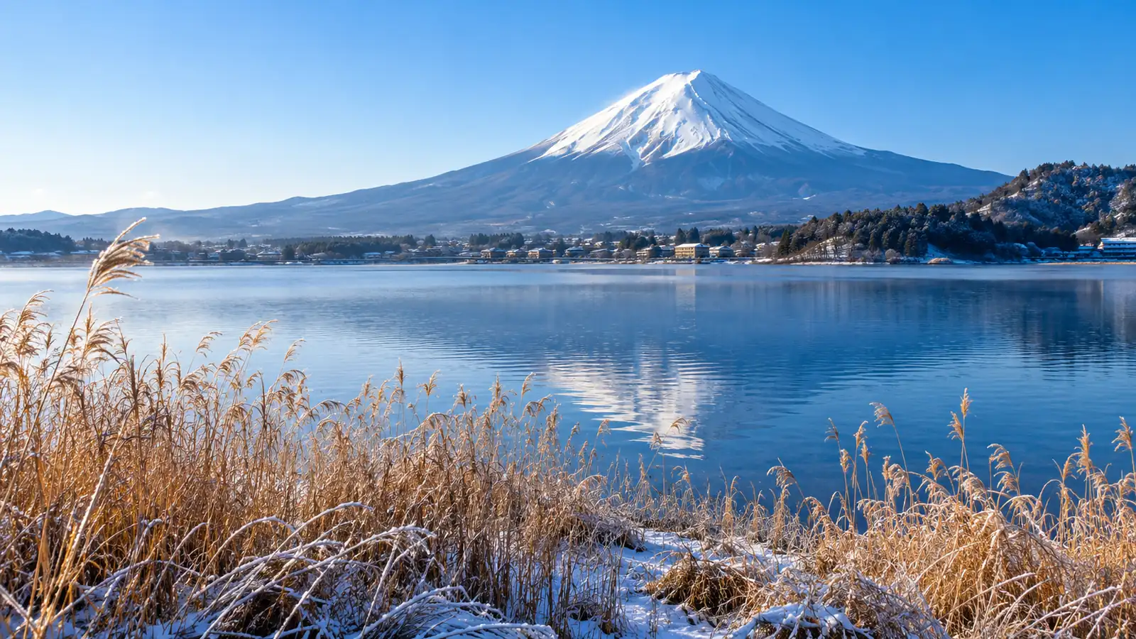 冬季,白雪皑皑的富士山大教堂河口湖。