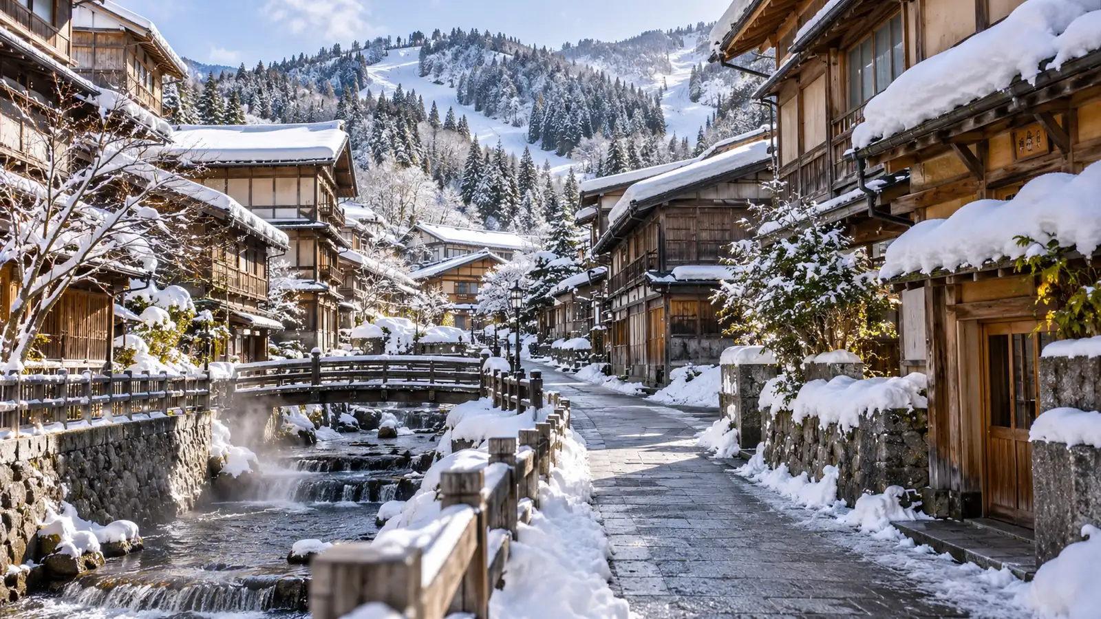 日本温泉小镇的雪道和传统旅馆