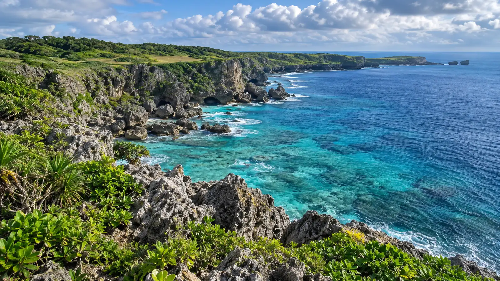 冲绳的石灰岩海岸和碧绿的海水