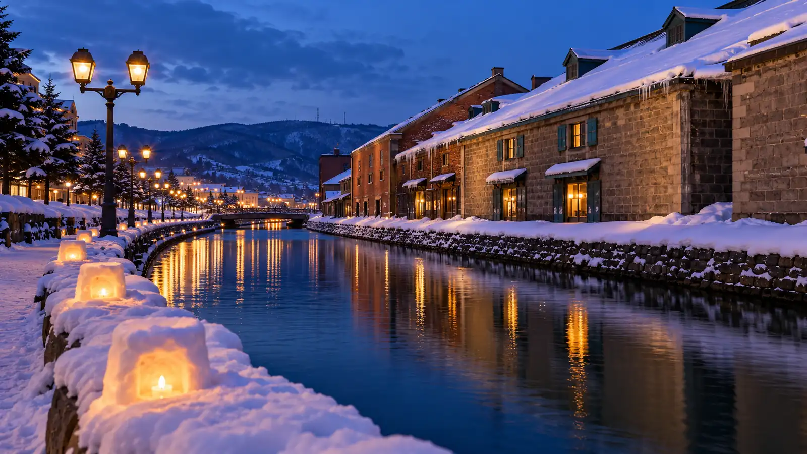 Candlelit snow lanterns beside Otaru Canal