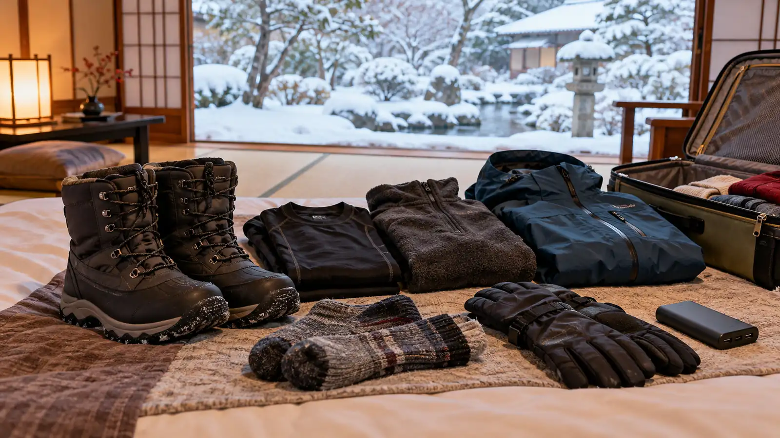 箱行李旁边放着冬靴、保暖衣物和旅行配件。