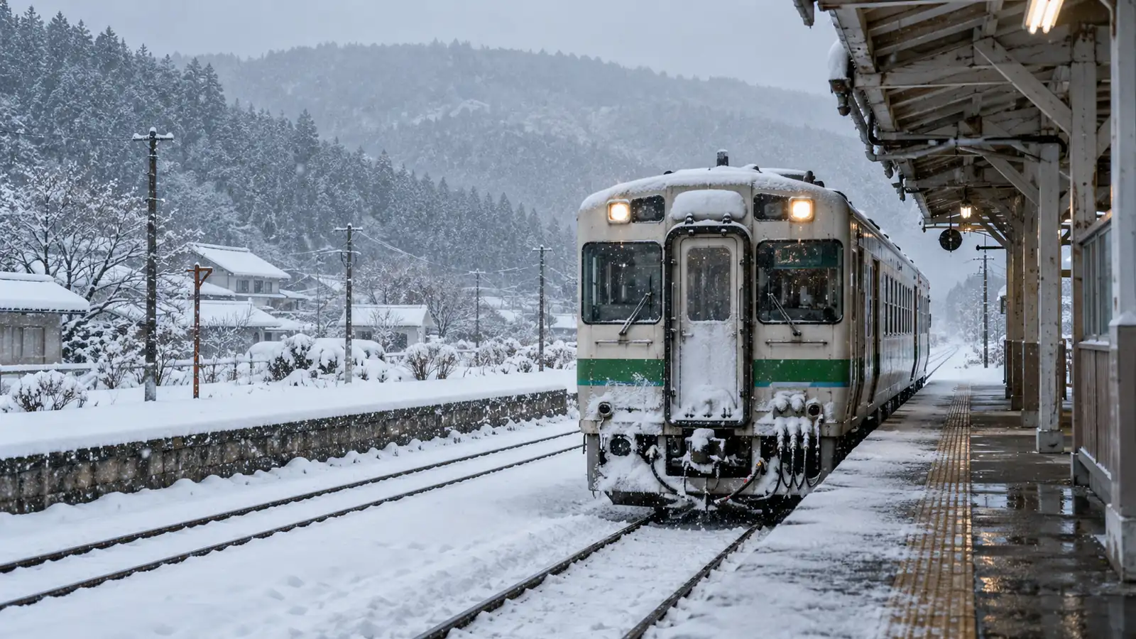 停在积雪覆盖的站台上的区域客运列车