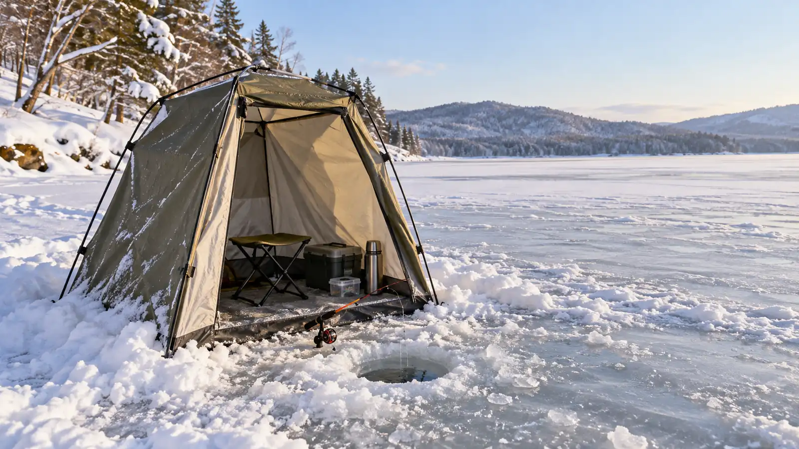 Fishing shelter, short rod and ice hole in a managed lakeside winter setting