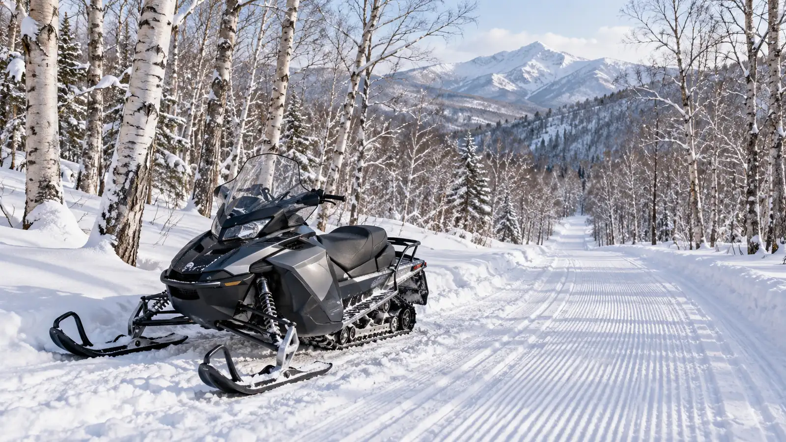 Snowmobile beside a groomed trail through snowy birch woodland