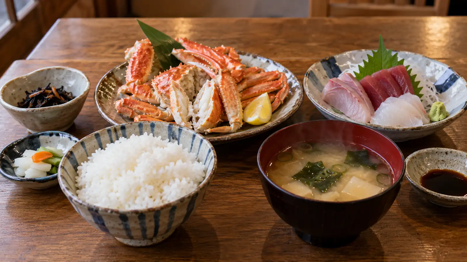 Japanese seafood set meal with crab and sashimi Japanese seafood set meal with crab and sashimi