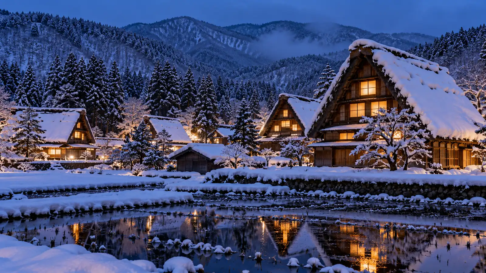 蓝调时刻,白雪覆盖的合掌造农舍