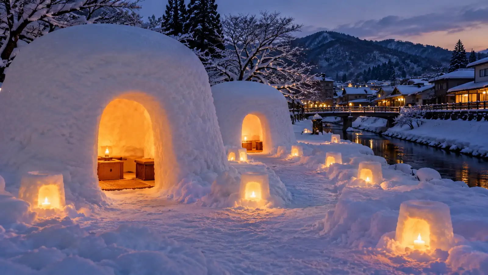 Kamakura snow huts and small candlelit snow lanterns