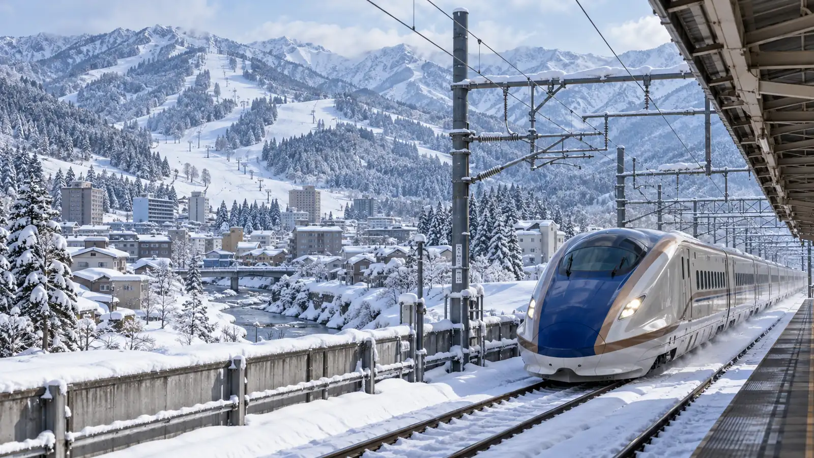 Shinkansen access to Yuzawa with snow-covered ski slopes behind the town Shinkansen access to Yuzawa with snow-covered ski slopes behind the town
