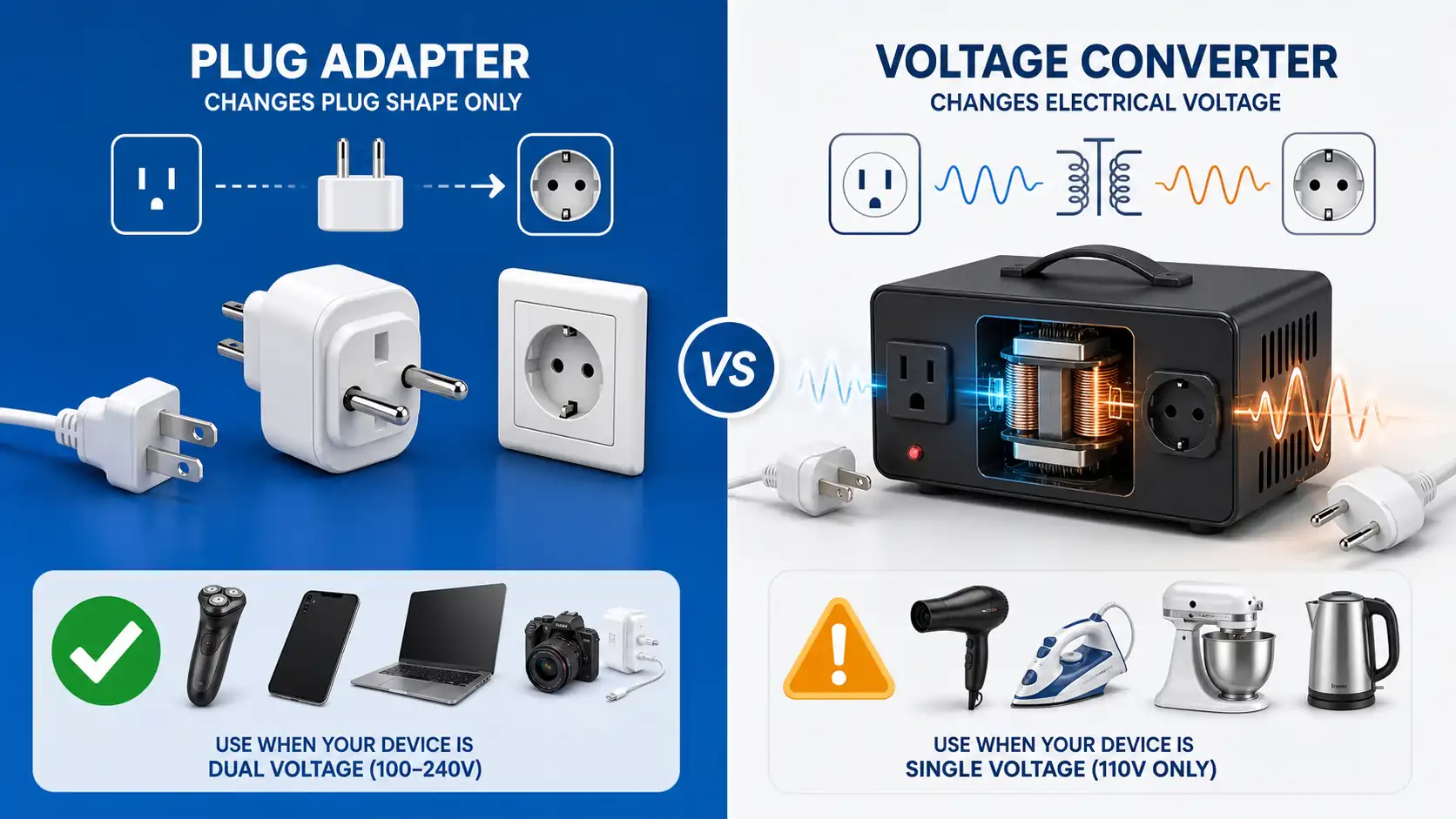 Comparison between a plug adapter and a voltage converter Comparison between a plug adapter and a voltage converter