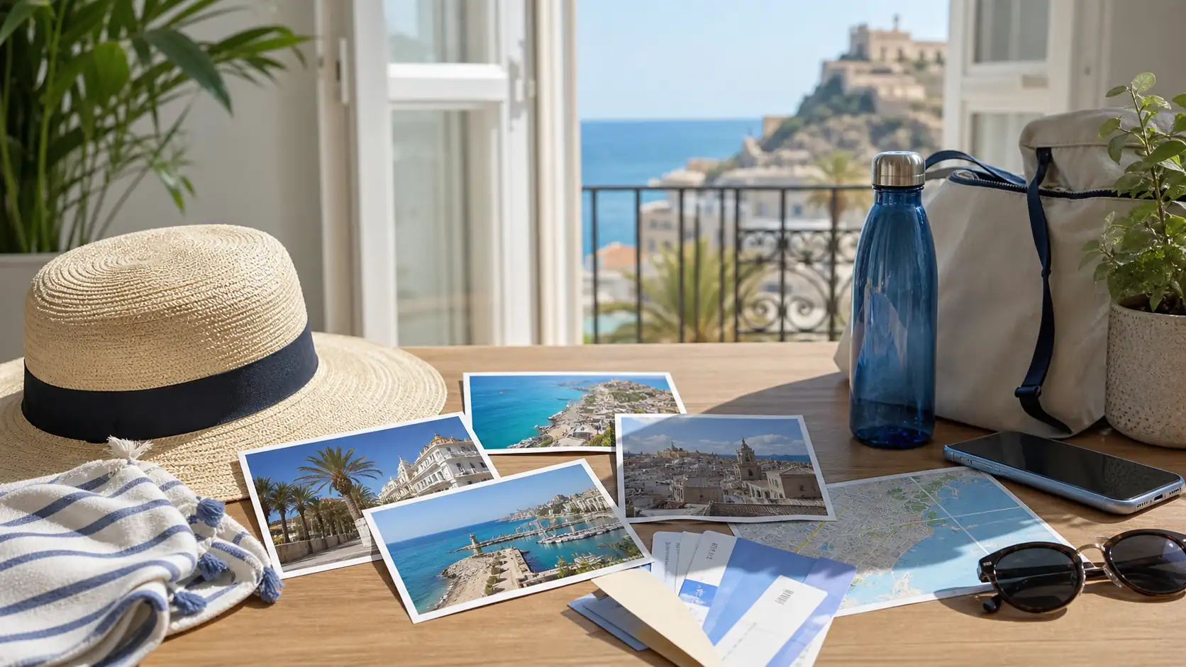 Alicante itinerary planning with hat map phone and travel photos