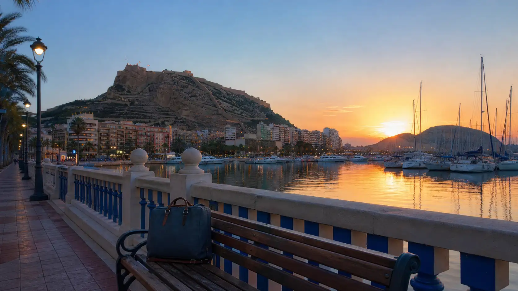 Alicante marina sunset with castle silhouette and travel bag
