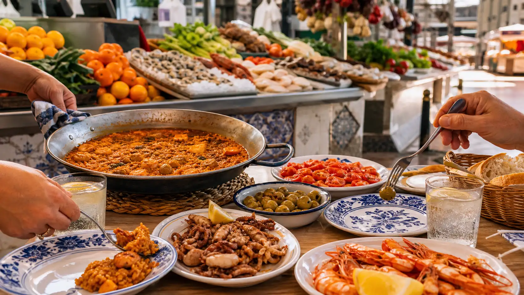 Alicante market table with rice seafood tapas and local produce