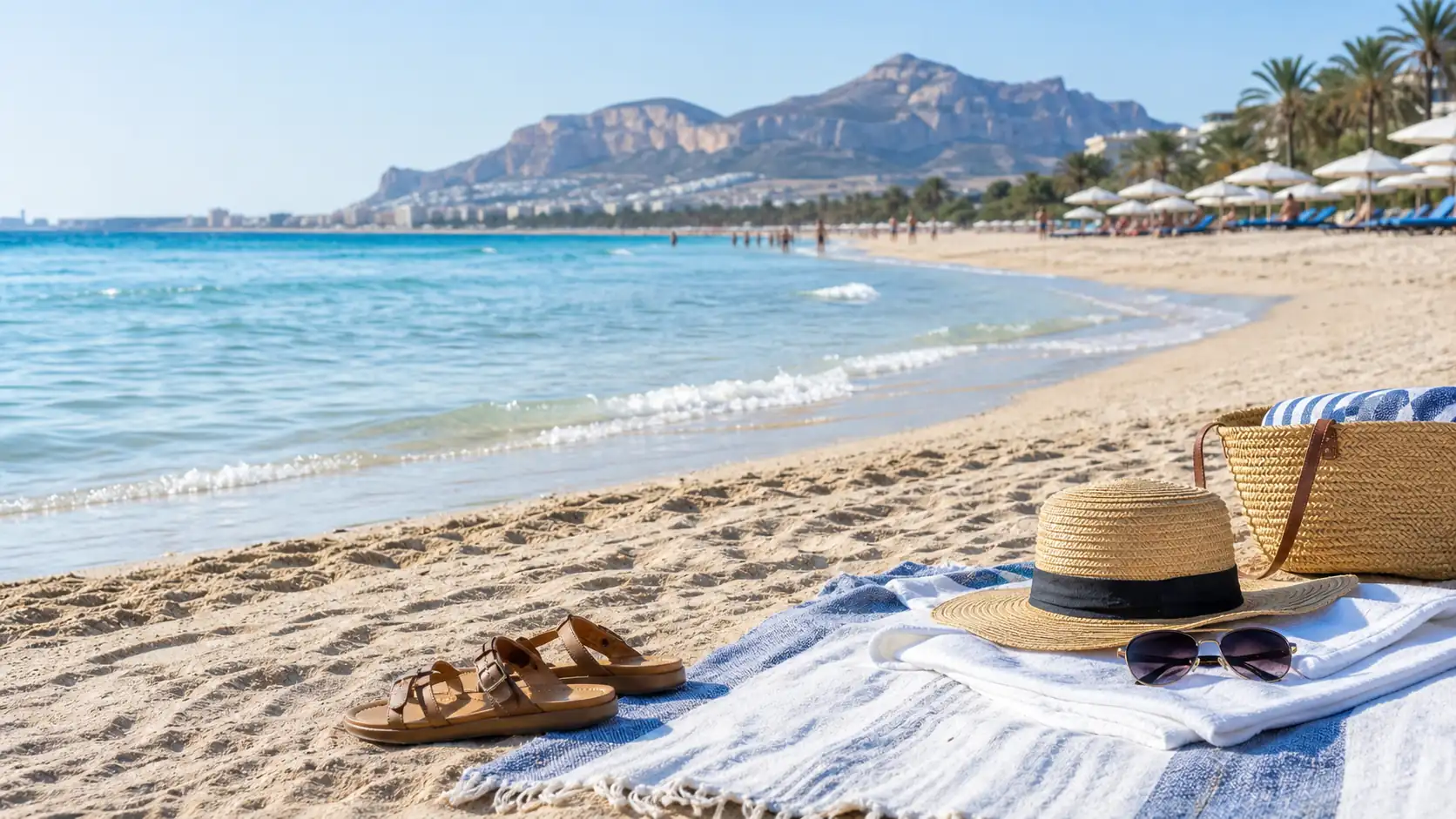 Alicante beach with clear Mediterranean water and travel gear