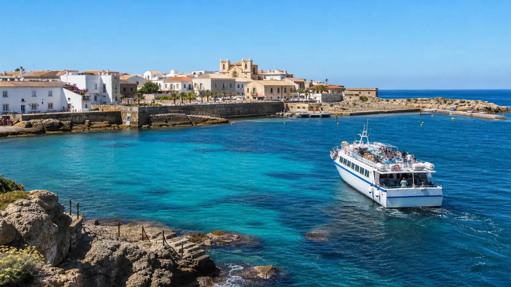 Tabarca Island day trip boat arriving in clear blue water near Alicante