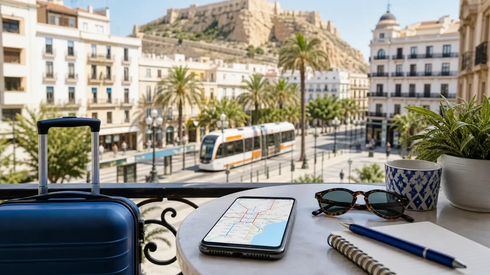 Alicante trip planning with tram route phone suitcase and city view