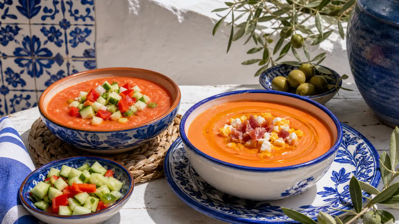 Andalusian gazpacho and salmorejo served on blue ceramic tiles Andalusian gazpacho and salmorejo served on blue ceramic tiles