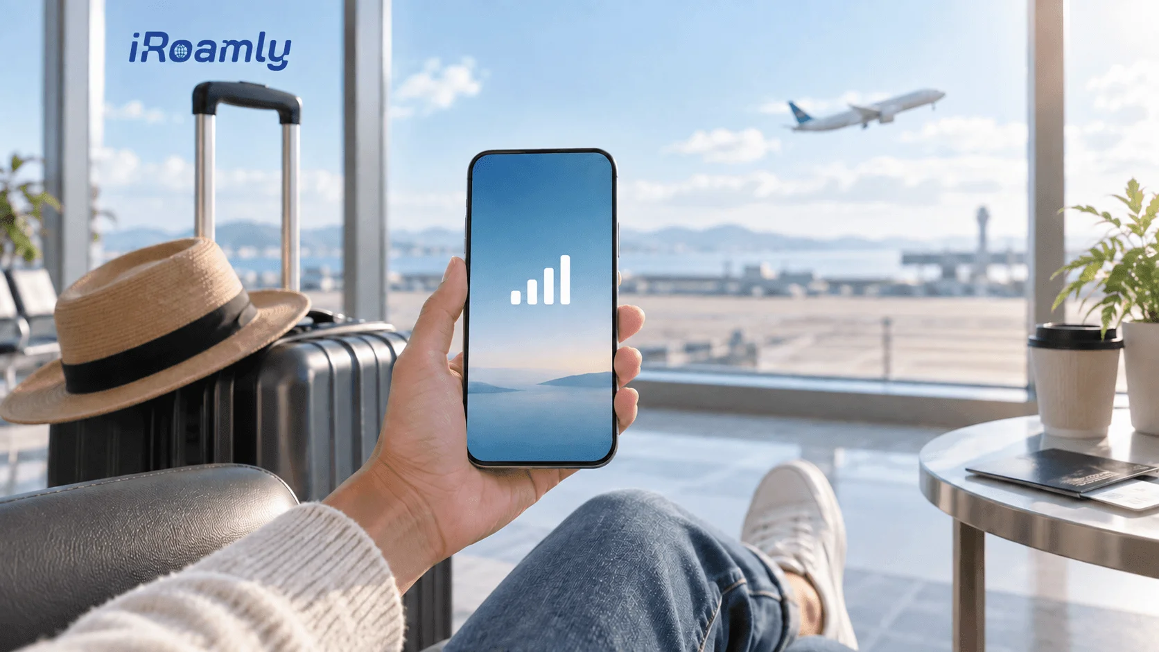 Traveler using mobile data on a smartphone at an airport Traveler using mobile data on a smartphone at an airport