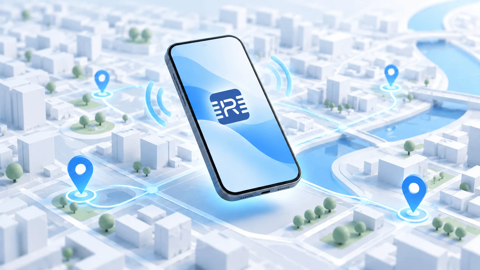 Smartphone connected to mobile data across a city map